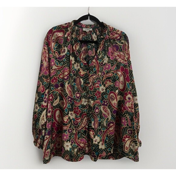 Umgee Top Paisley Blouse Button Front Ruffle Balloon Sleeve Womens Size Large - Picture 6 of 14